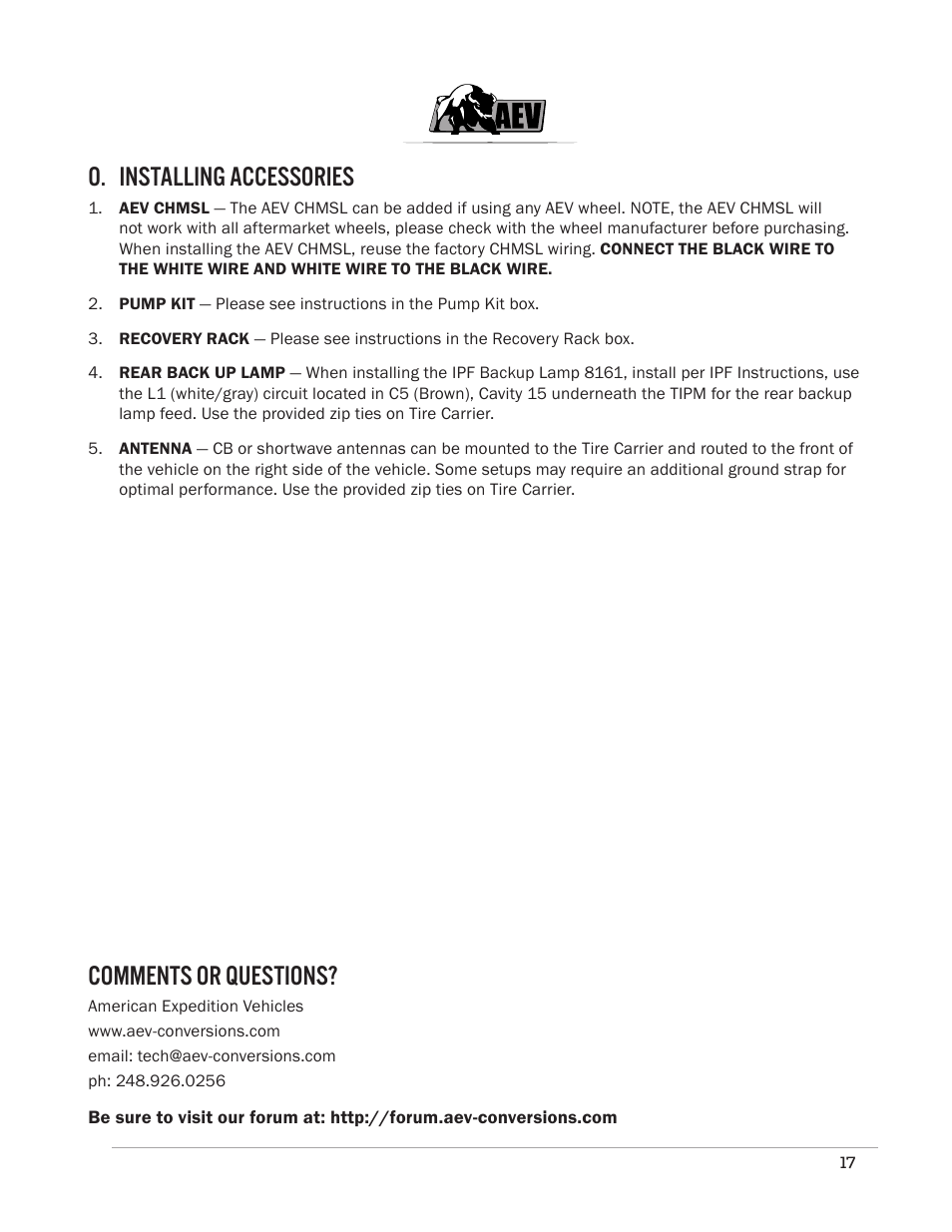 O. installing accessories, Comments or questions | American Expedition Vehicles JK Rear Bumper/Tire Carrier User Manual | Page 19 / 19