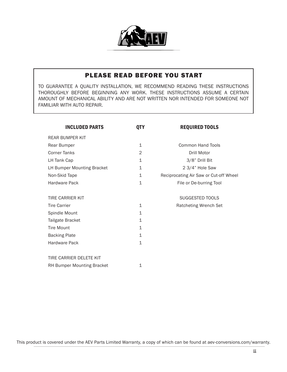 Please read before you start | American Expedition Vehicles JK Rear Bumper/Tire Carrier User Manual | Page 2 / 19