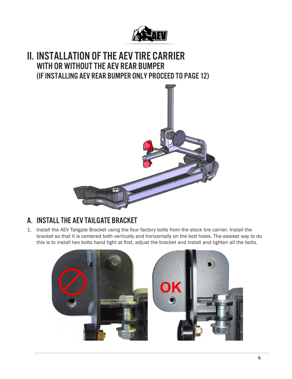 Ii. installation of the aev tire carrier, With or without the aev rear bumper | American Expedition Vehicles JK Rear Bumper/Tire Carrier User Manual | Page 6 / 19