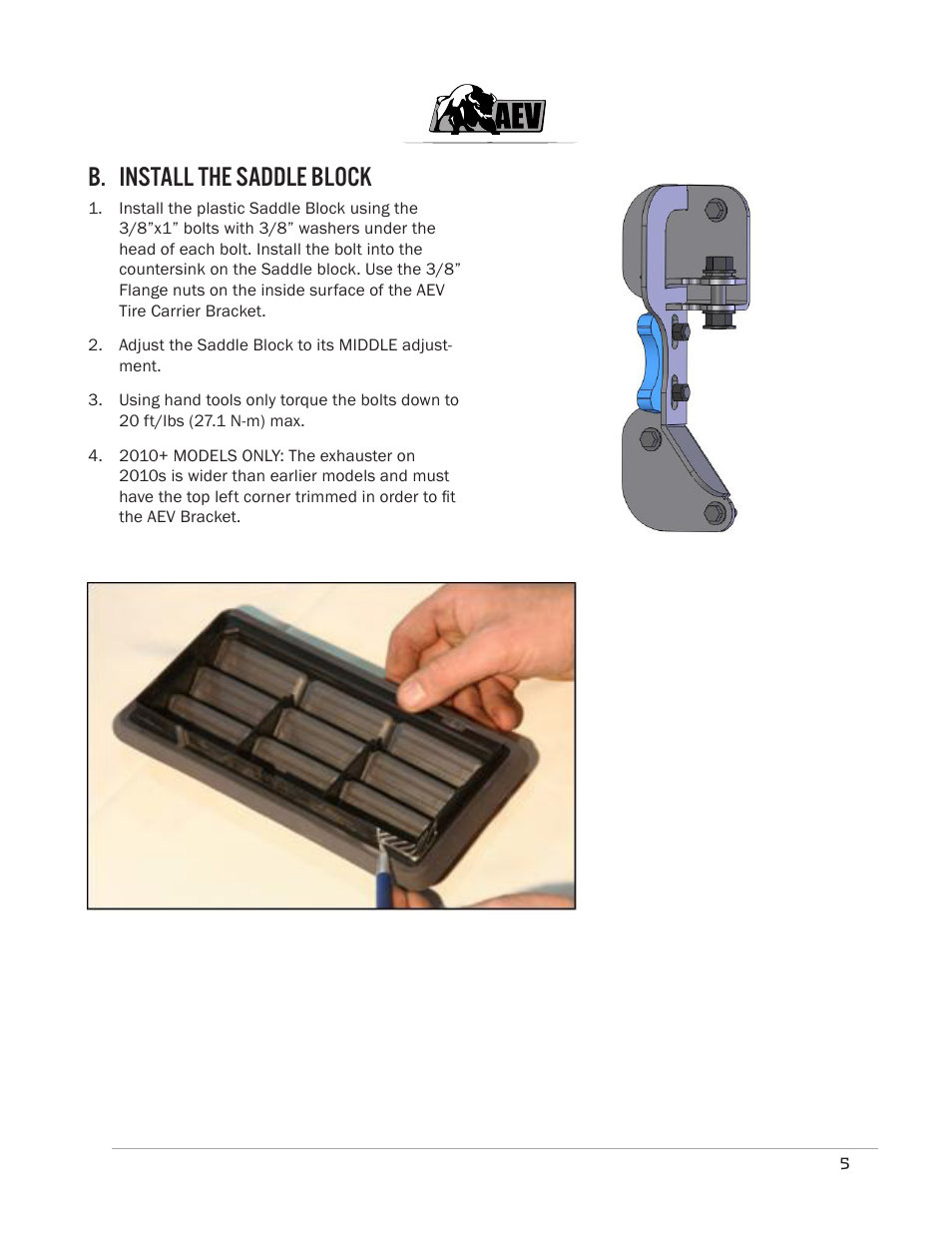 B. install the saddle block | American Expedition Vehicles JK Rear Bumper/Tire Carrier User Manual | Page 7 / 19