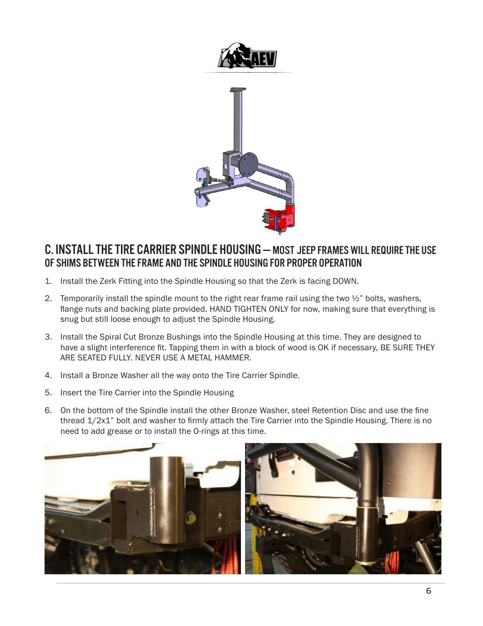 C. install the tire carrier spindle housing | American Expedition Vehicles JK Rear Bumper/Tire Carrier User Manual | Page 8 / 19