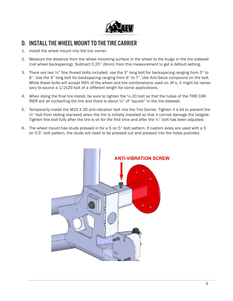 D. install the wheel mount to the tire carrier | American Expedition Vehicles JK Rear Bumper/Tire Carrier User Manual | Page 9 / 19