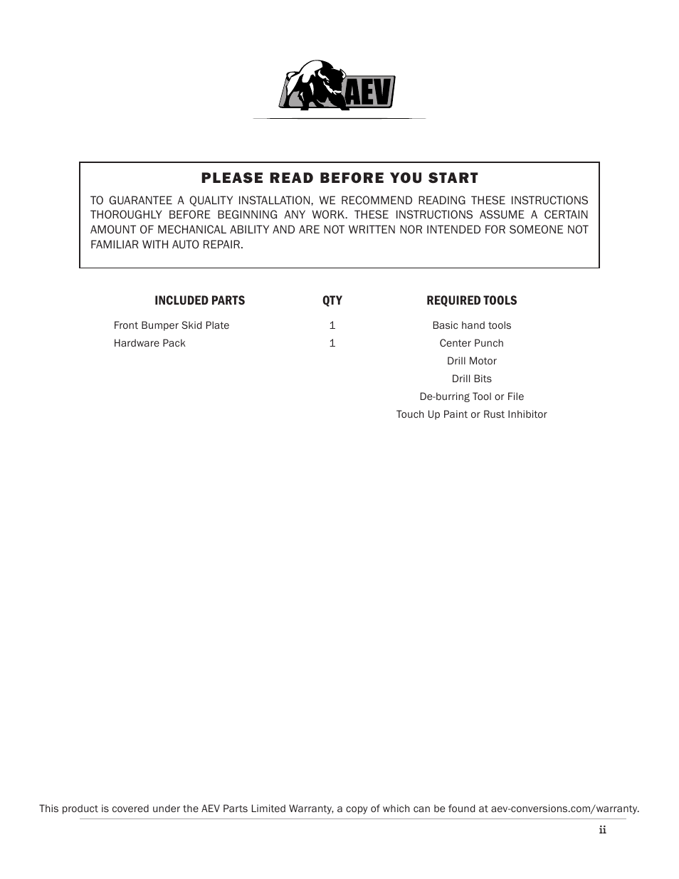 Please read before you start | American Expedition Vehicles JK Front Bumper Skid Plate User Manual | Page 2 / 4