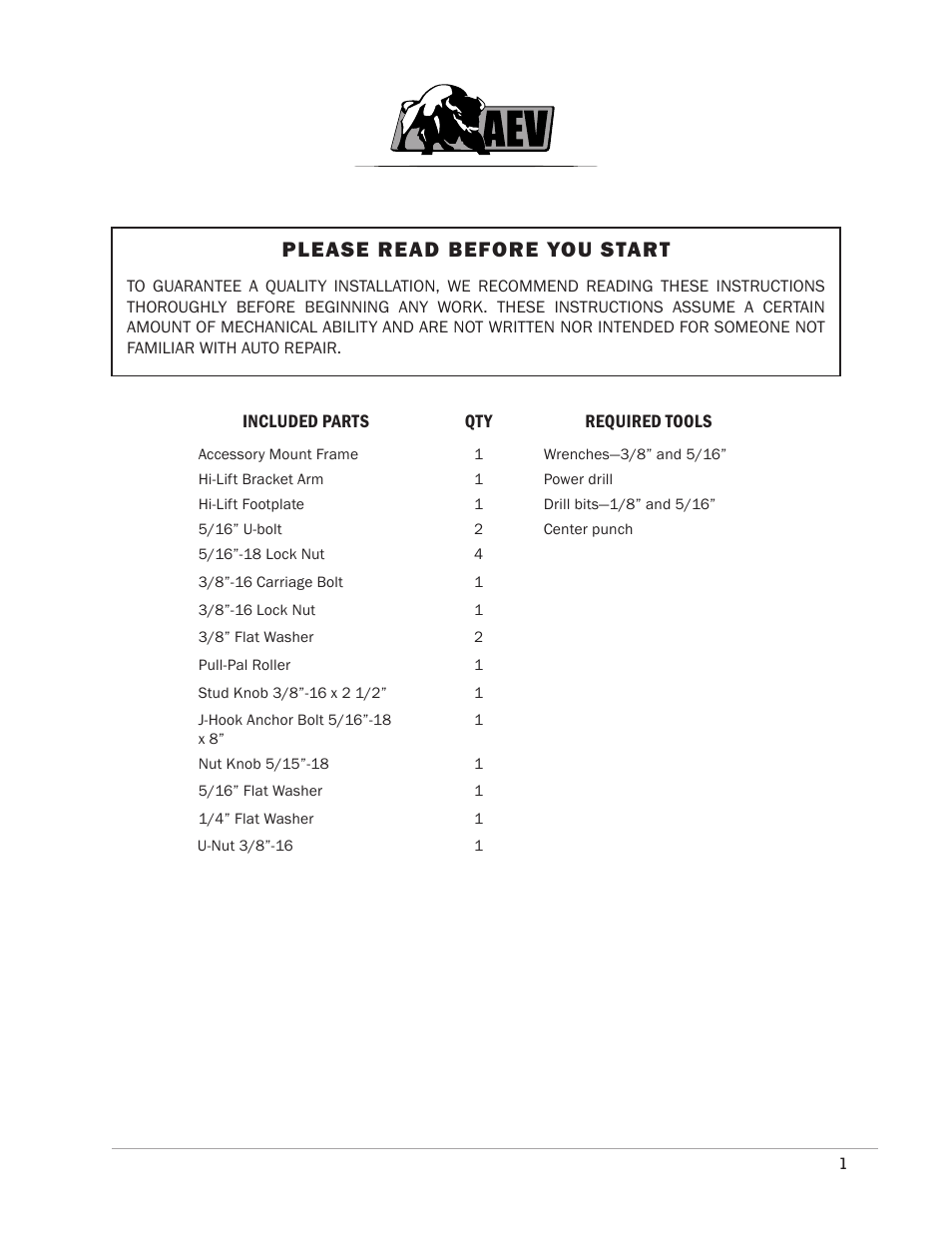Please read before you start | American Expedition Vehicles JK Hi-Lift/Pull-Pal Mount User Manual | Page 2 / 6