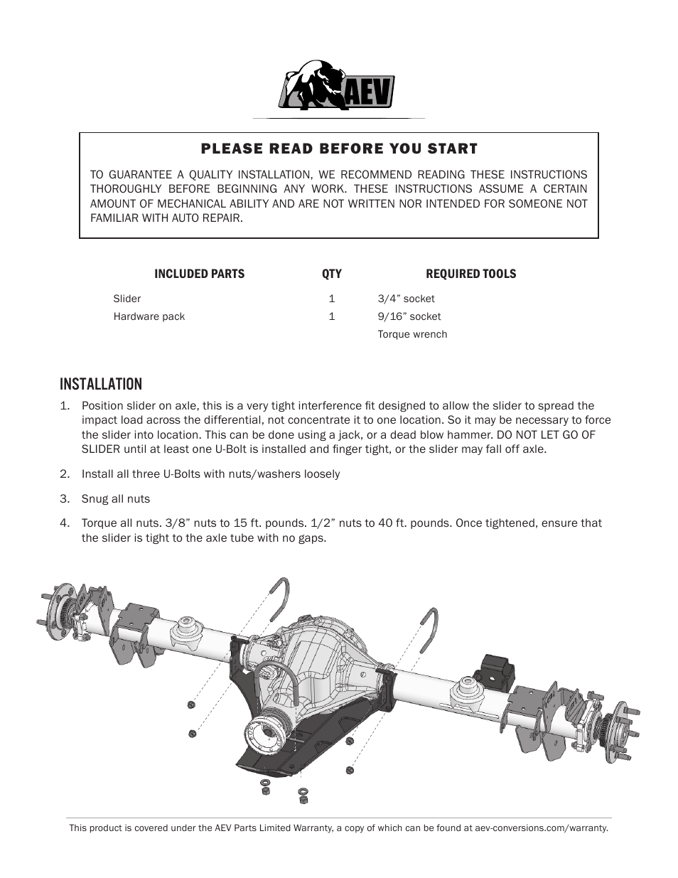 Installation, Please read before you start | American Expedition Vehicles JK Slider - Rear Differential Skid Plate User Manual | Page 2 / 2