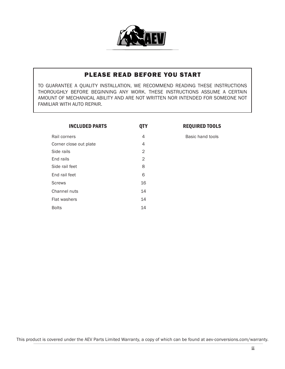 Please read before you start | American Expedition Vehicles Full Rail Kit for JK Roof Rack User Manual | Page 2 / 4