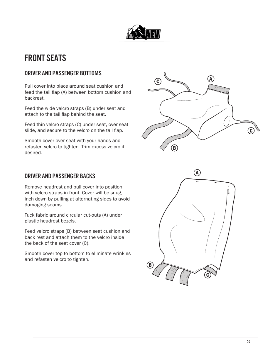 Front seats, Driver and passenger bottoms, Driver and passenger backs | American Expedition Vehicles JK CORDURA Front Seat Covers User Manual | Page 3 / 4