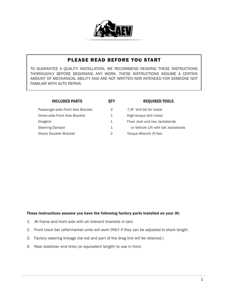 Please read before you start | American Expedition Vehicles JK High Steer Kit User Manual | Page 2 / 9