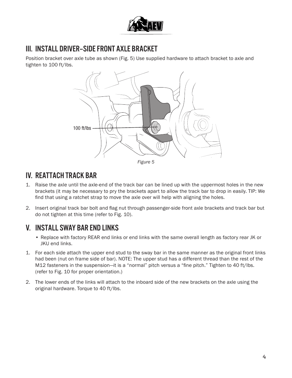 Iii. install driver–side front axle bracket, Iv. reattach track bar, V. install sway bar end links | American Expedition Vehicles JK High Steer Kit User Manual | Page 5 / 9