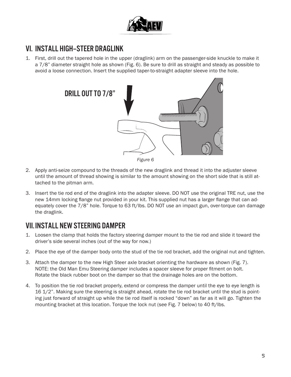 Vi. install high–steer draglink, Vii. install new steering damper, Drill out to 7/8 | American Expedition Vehicles JK High Steer Kit User Manual | Page 6 / 9