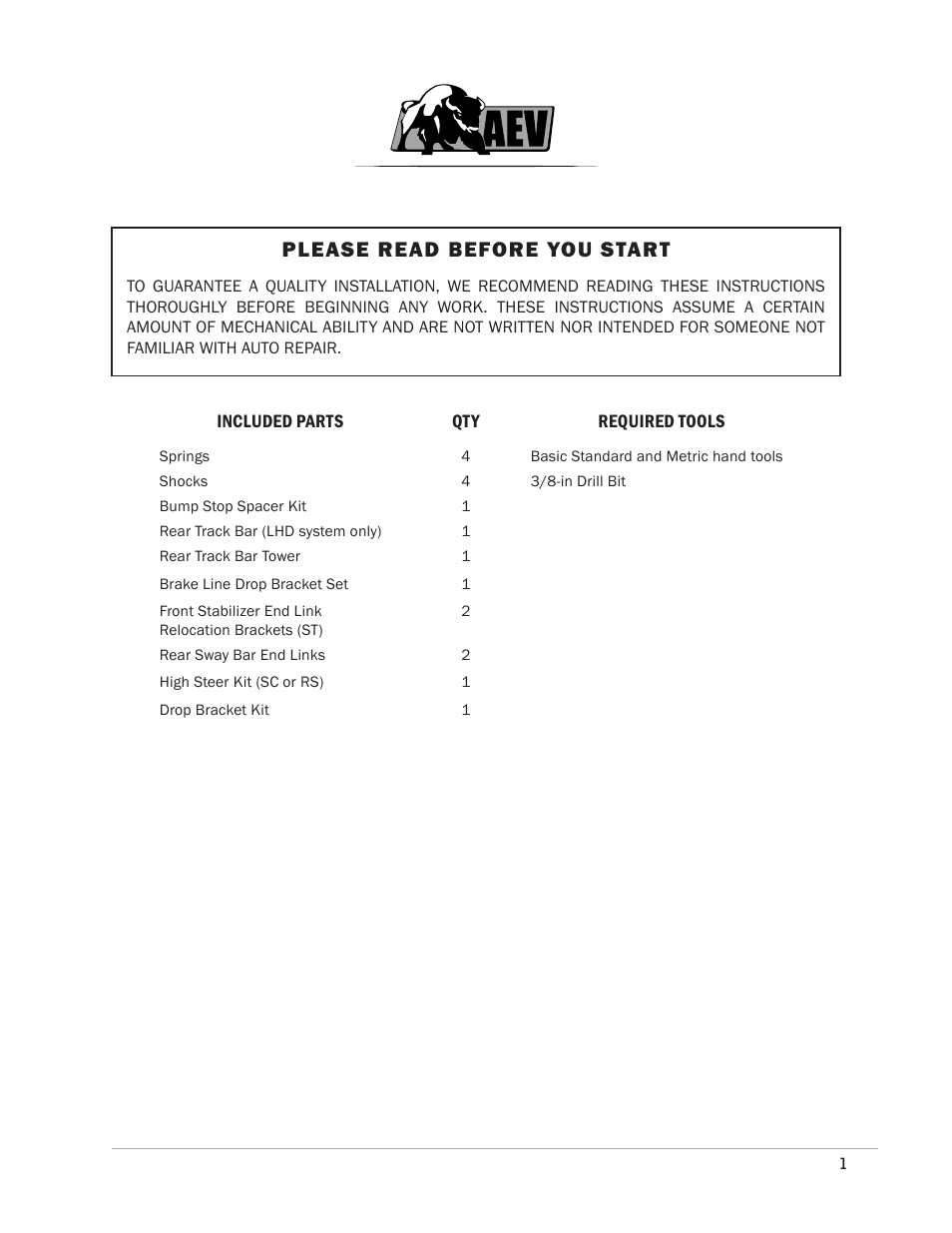 Please read before you start | American Expedition Vehicles 3.5— 4.5 Dualsport suspension User Manual | Page 3 / 12