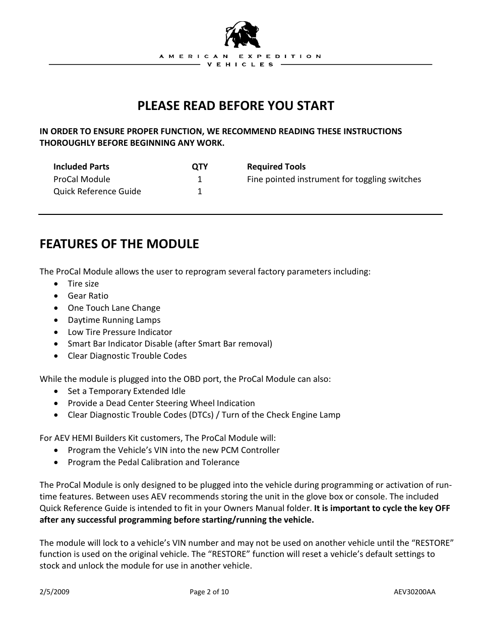 Required tools, Features of the module, Please read before you start | American Expedition Vehicles ProCal Module User Guide User Manual | Page 2 / 10