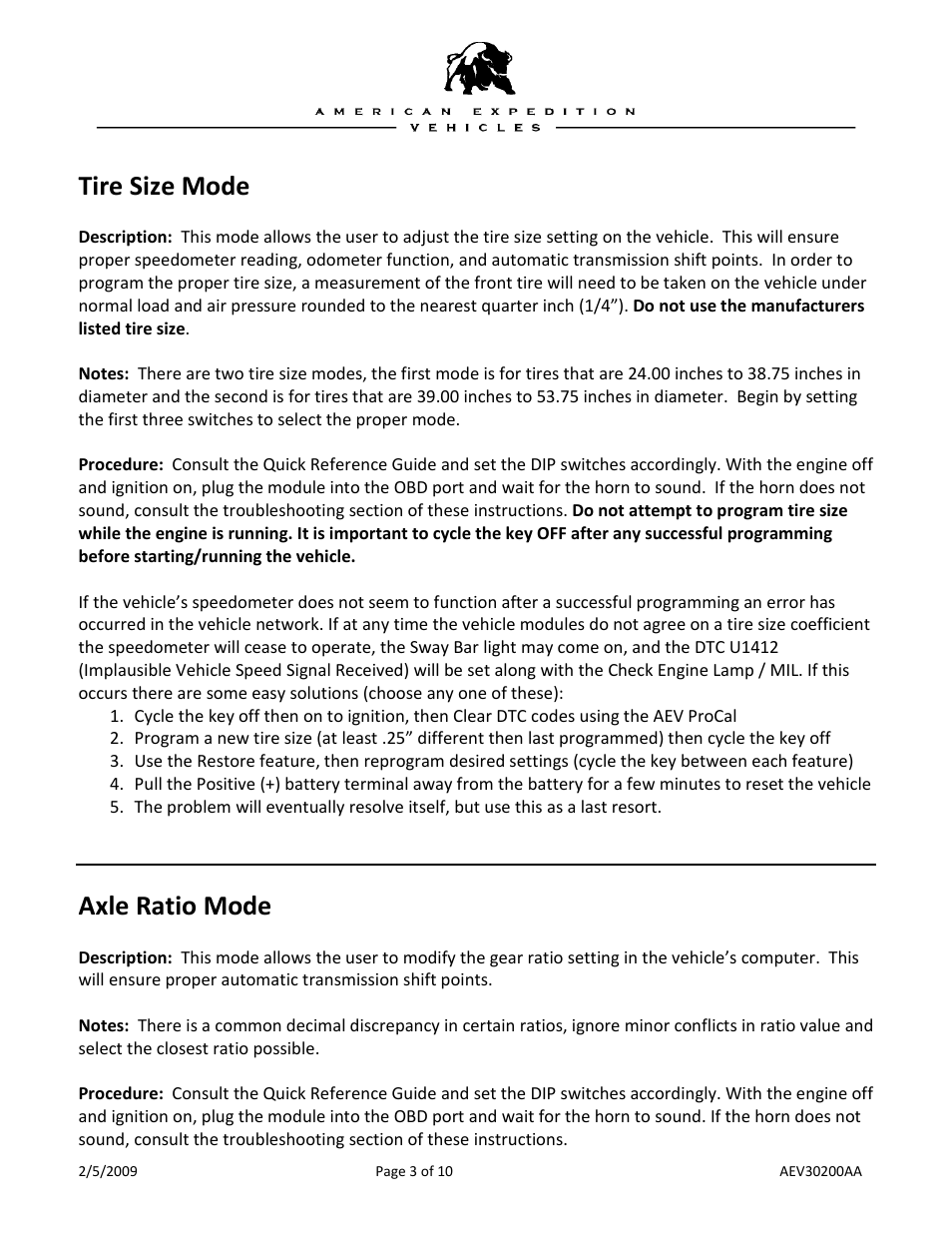 Tire size mode, Axle ratio mode | American Expedition Vehicles ProCal Module User Guide User Manual | Page 3 / 10