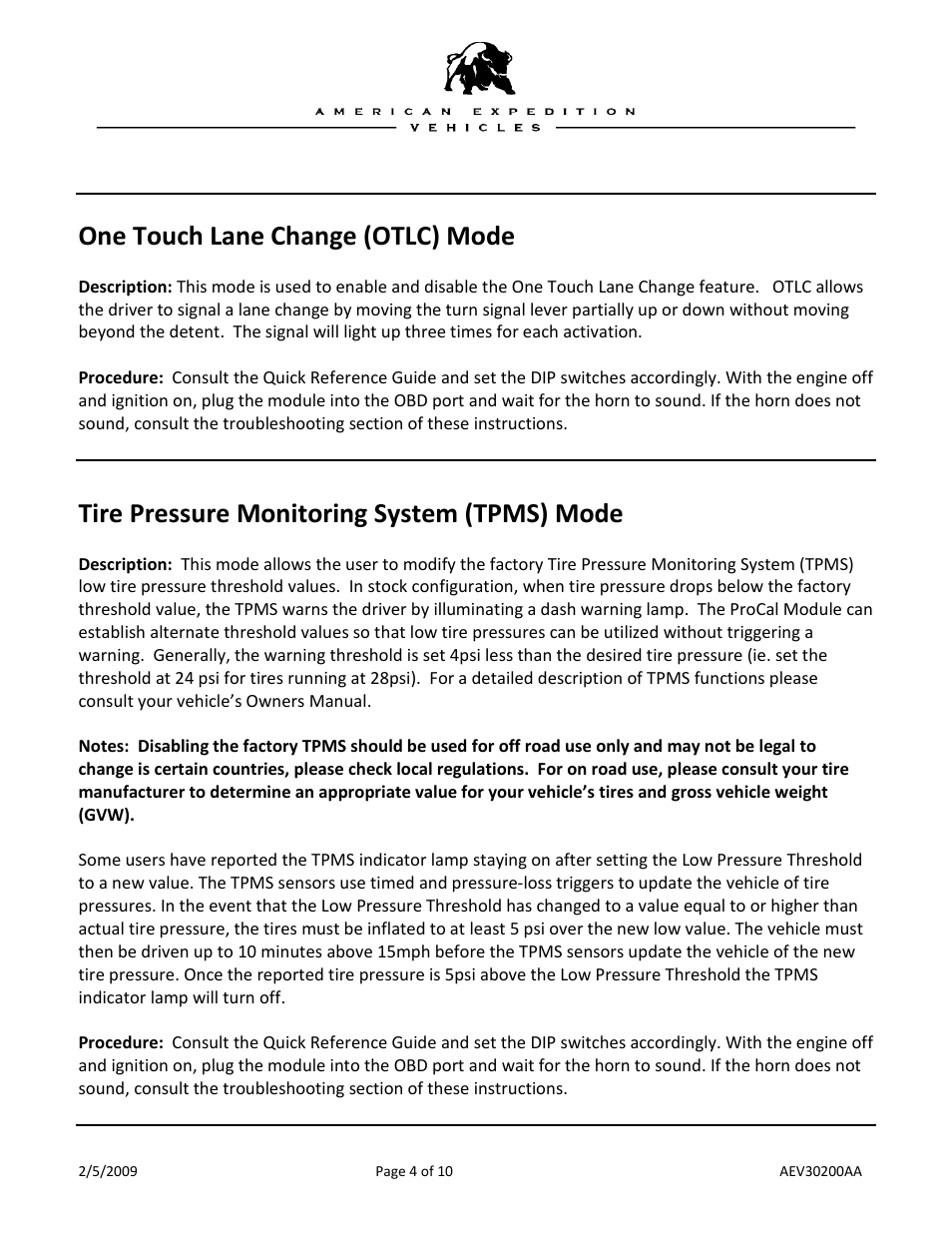 One touch lane change (otlc) mode, Tire pressure monitoring system (tpms) mode | American Expedition Vehicles ProCal Module User Guide User Manual | Page 4 / 10