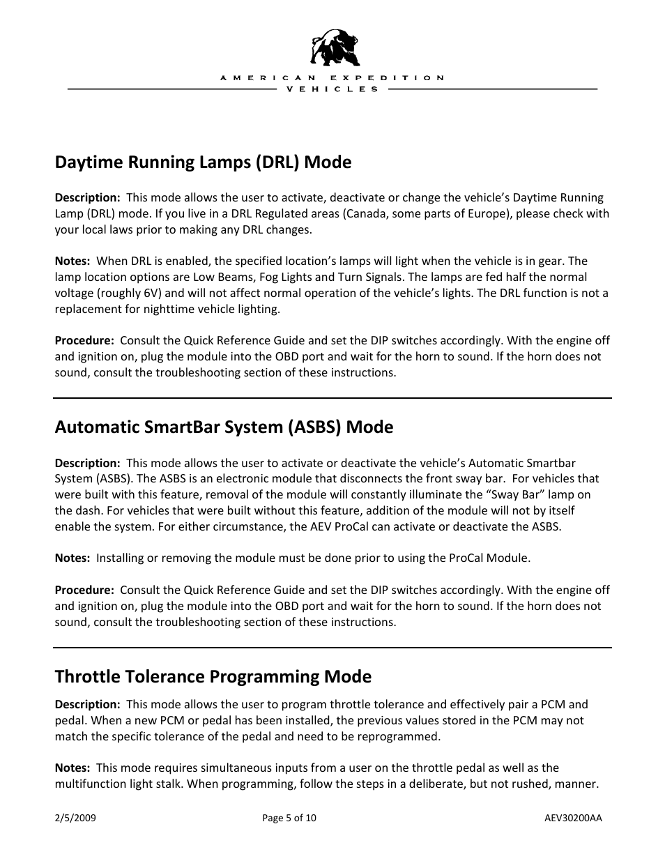 Daytime running lamps (drl) mode, Automatic smartbar system (asbs) mode, Throttle tolerance programming mode | American Expedition Vehicles ProCal Module User Guide User Manual | Page 5 / 10