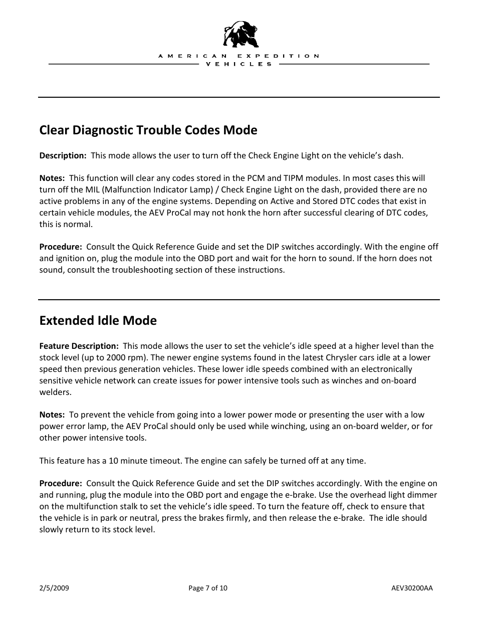 Clear diagnostic trouble codes mode, Extended idle mode | American Expedition Vehicles ProCal Module User Guide User Manual | Page 7 / 10