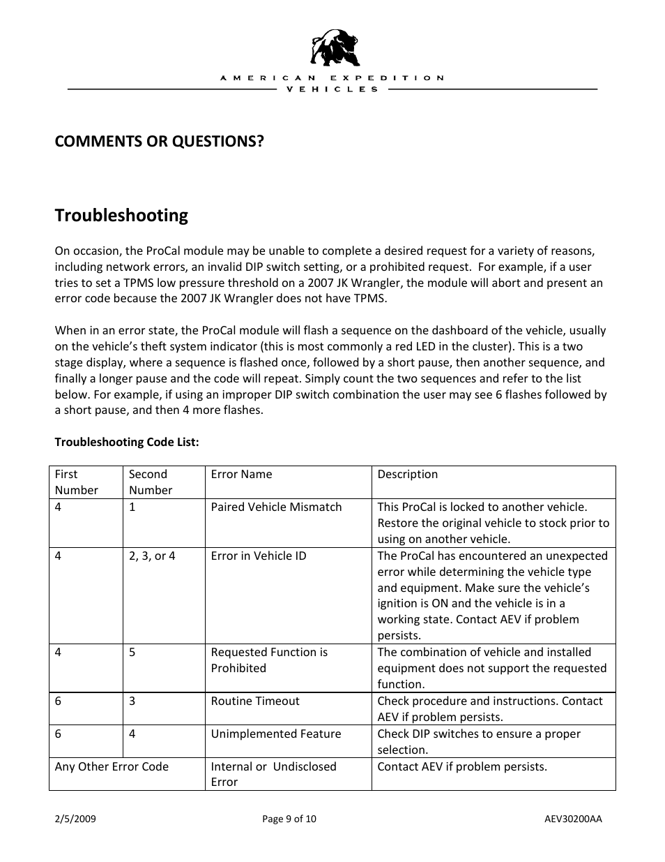 Comments or questions, Troubleshooting | American Expedition Vehicles ProCal Module User Guide User Manual | Page 9 / 10