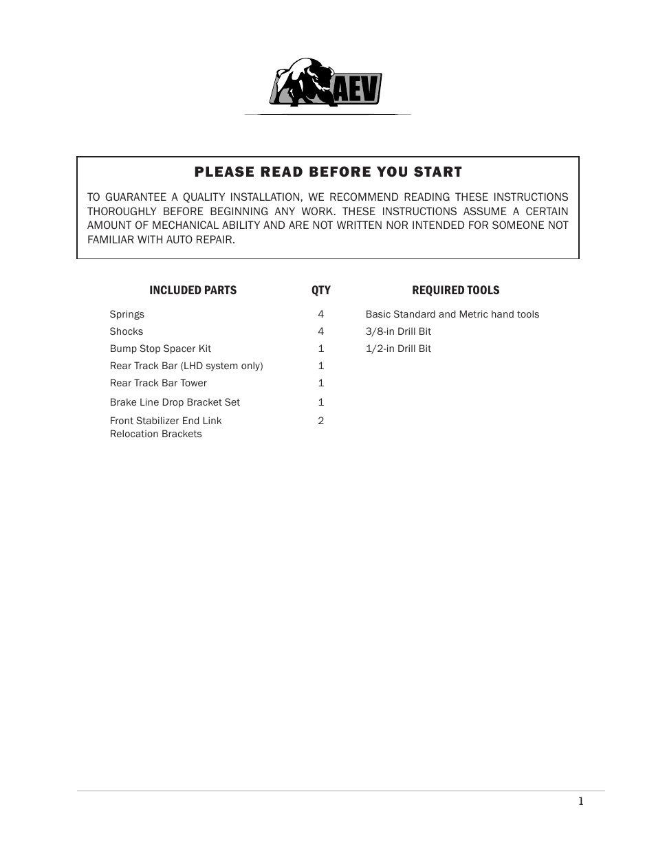 Please read before you start | American Expedition Vehicles JK DualSport XT Suspension 2.5 User Manual | Page 2 / 11