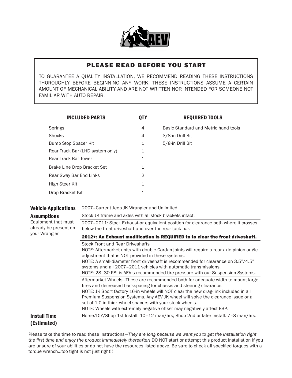 Please read before you start | American Expedition Vehicles JK DualSport RS Suspension 3.5/4.5 User Manual | Page 2 / 17