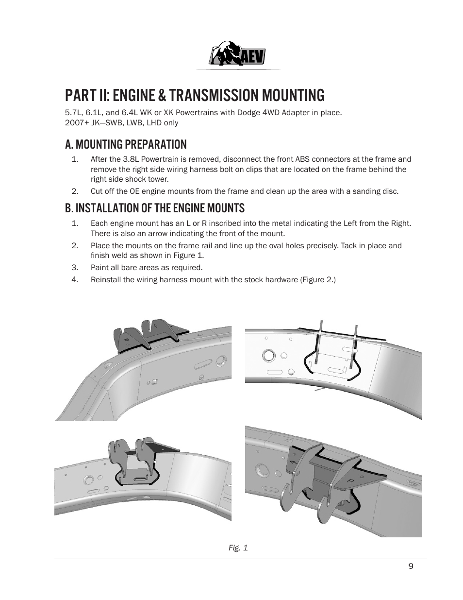 Part ii: engine & transmission mounting, A. mounting preparation, B. installation of the engine mounts | American Expedition Vehicles JK Hemi Builder Kit - Installation Guide for 07-11 JK Wrangler User Manual | Page 12 / 36