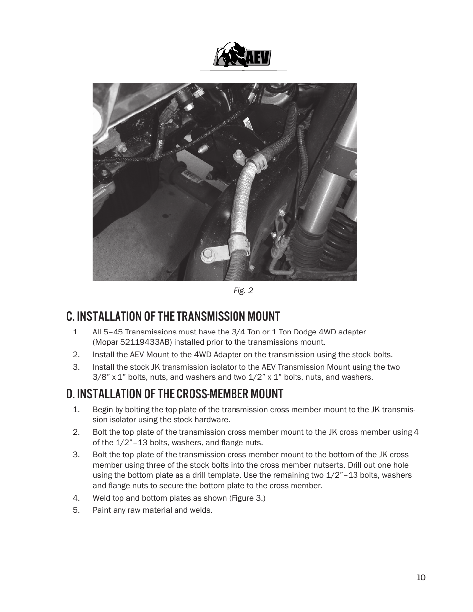 C. installation of the transmission mount, D. installation of the cross-member mount | American Expedition Vehicles JK Hemi Builder Kit - Installation Guide for 07-11 JK Wrangler User Manual | Page 13 / 36