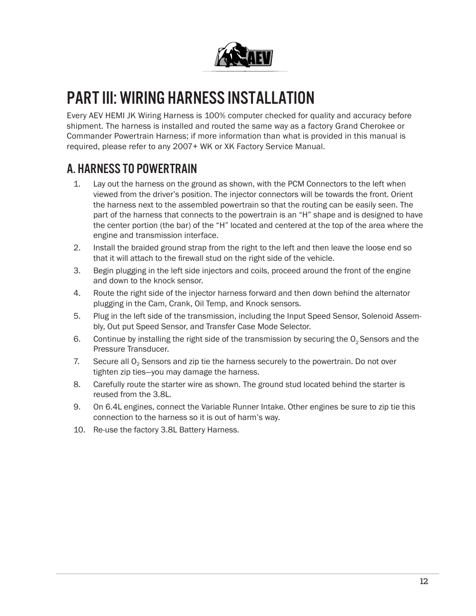 Part iii: wiring harness installation, A. harness to powertrain | American Expedition Vehicles JK Hemi Builder Kit - Installation Guide for 07-11 JK Wrangler User Manual | Page 15 / 36