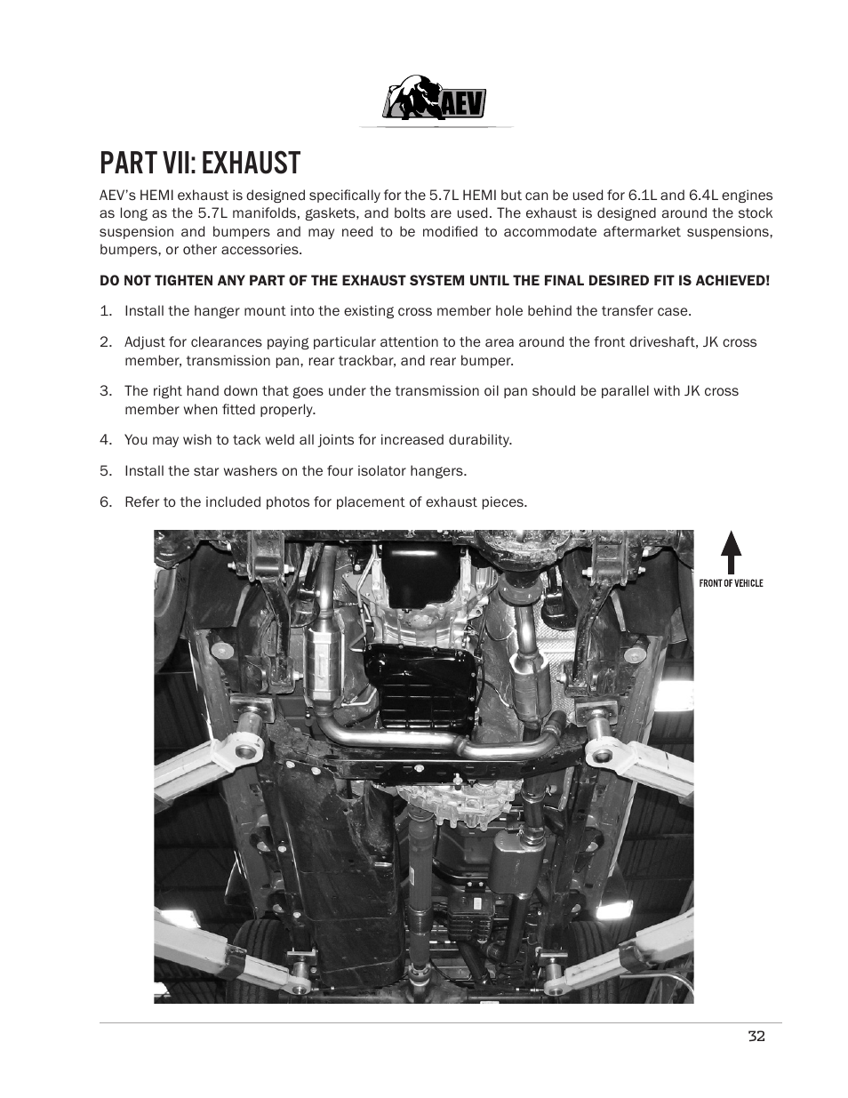 Part vii: exhaust | American Expedition Vehicles JK Hemi Builder Kit - Installation Guide for 07-11 JK Wrangler User Manual | Page 35 / 36