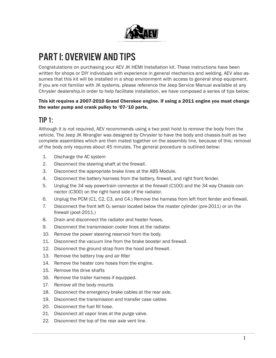 Part i: overview and tips, Tip 1 | American Expedition Vehicles JK Hemi Builder Kit - Installation Guide for 07-11 JK Wrangler User Manual | Page 4 / 36