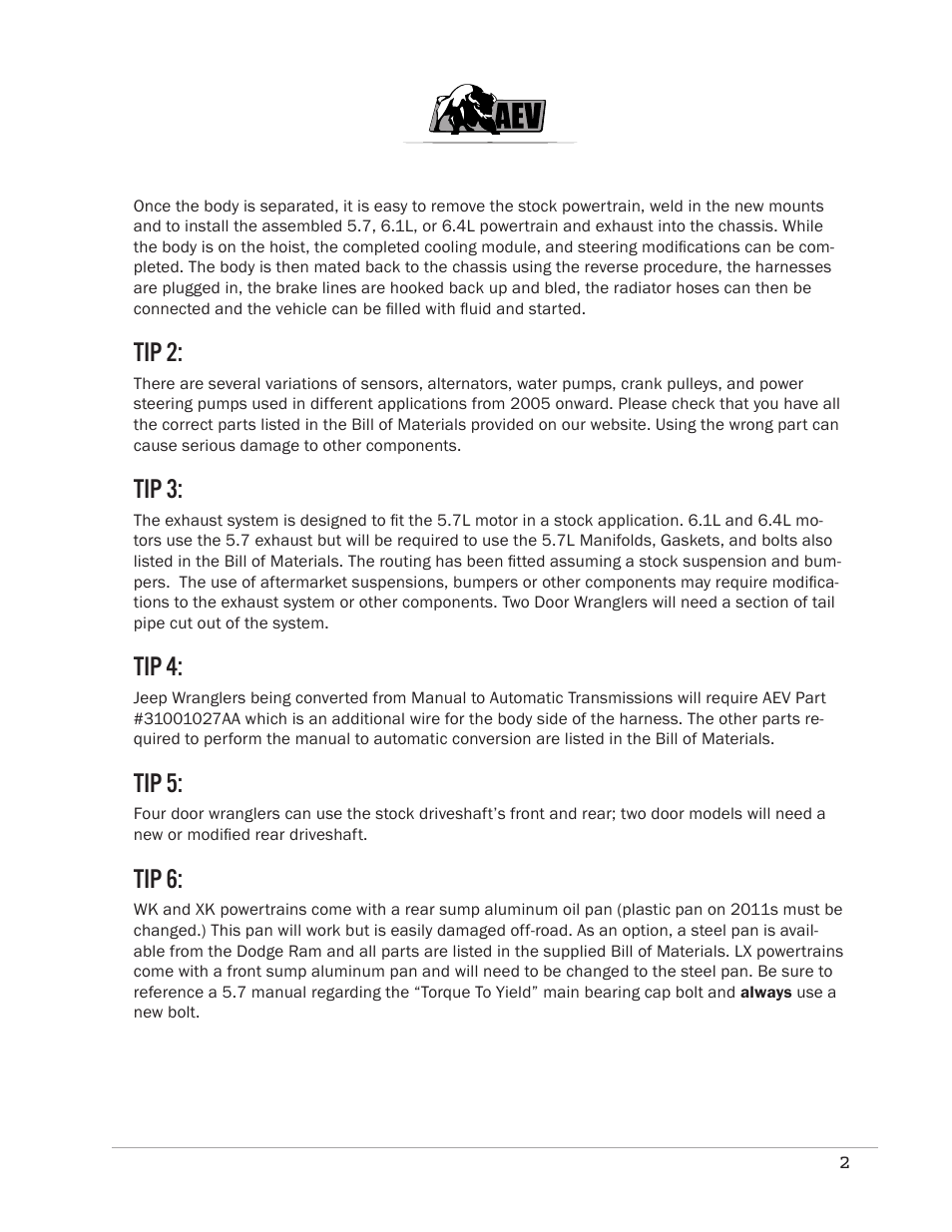 Tip 2, Tip 3, Tip 4 | Tip 5, Tip 6 | American Expedition Vehicles JK Hemi Builder Kit - Installation Guide for 07-11 JK Wrangler User Manual | Page 5 / 36