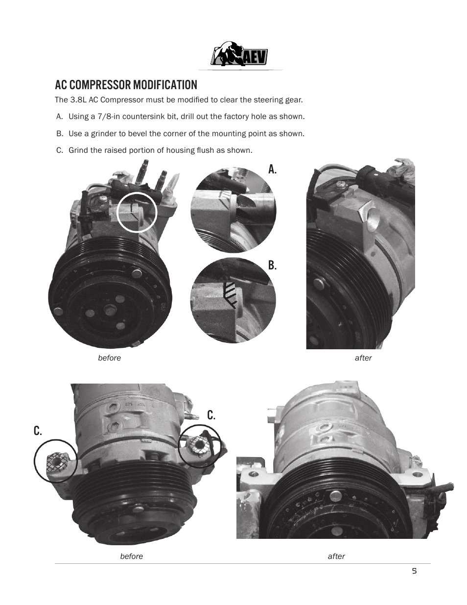 Ac compressor modification, A. b. c. c | American Expedition Vehicles JK Hemi Builder Kit - Installation Guide for 07-11 JK Wrangler User Manual | Page 8 / 36