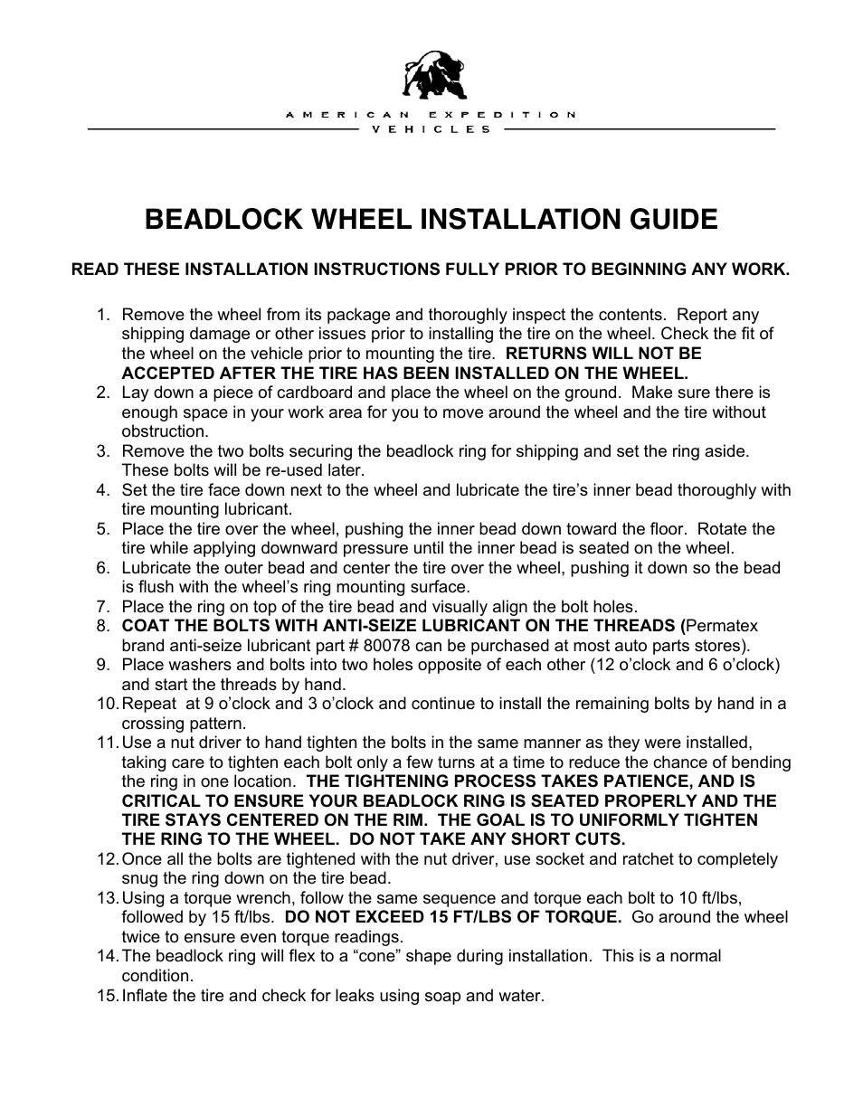 Beadlock wheel installation guide | American Expedition Vehicles JK Pintler Wheels User Manual | Page 3 / 3