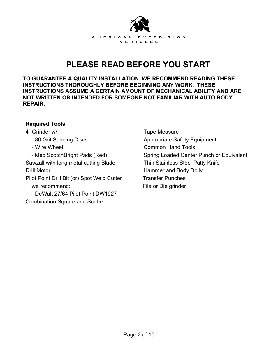 Please read before you start | American Expedition Vehicles Preparation of the Jeep body tub User Manual | Page 2 / 15