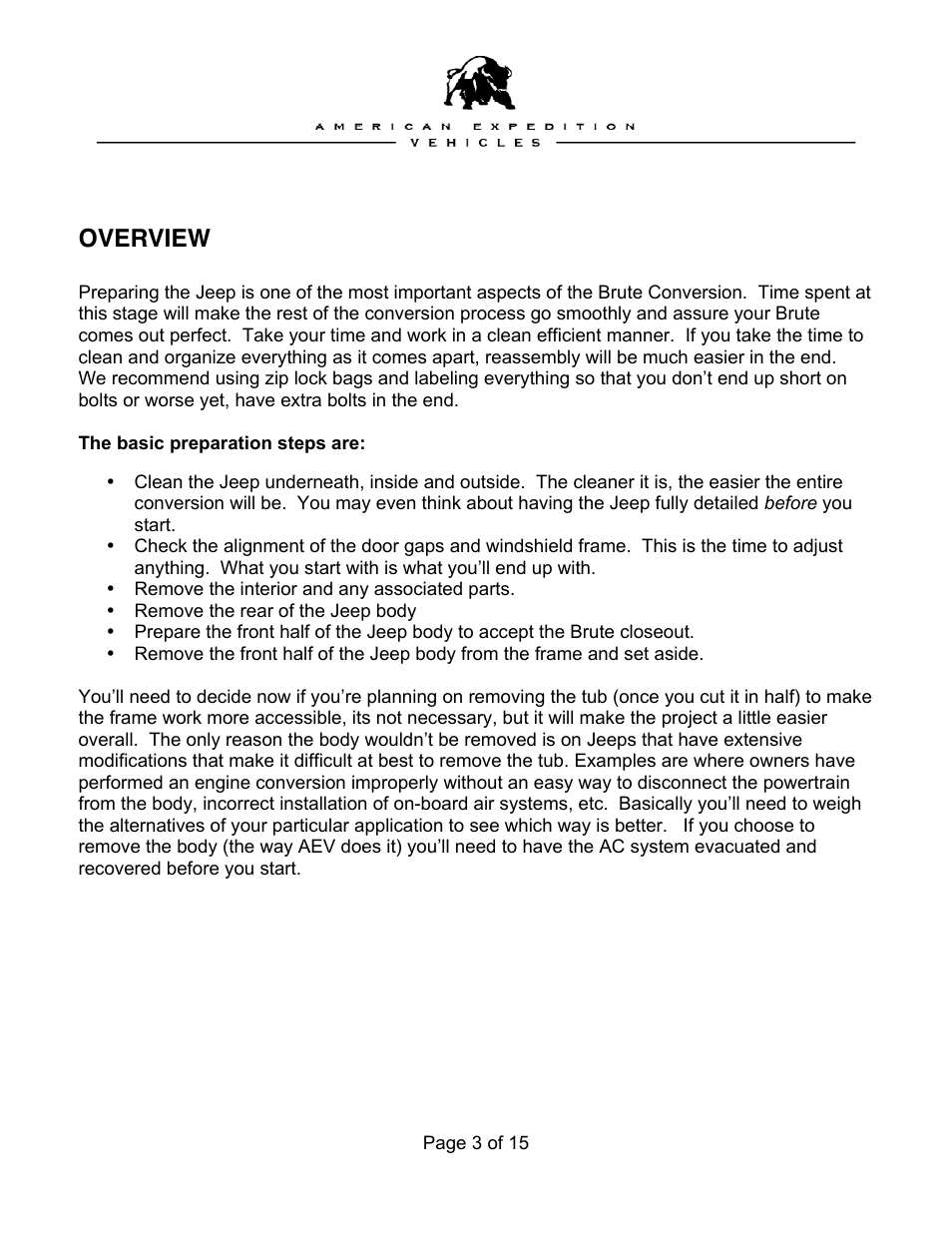 Overview | American Expedition Vehicles Preparation of the Jeep body tub User Manual | Page 3 / 15
