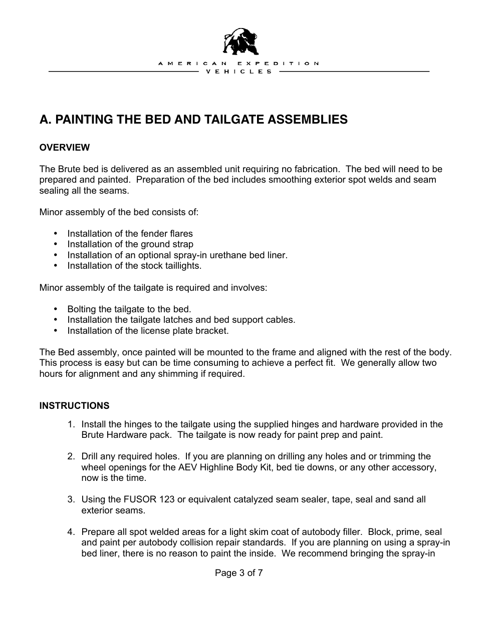 A. painting the bed and tailgate assemblies | American Expedition Vehicles Brute Bed User Manual | Page 3 / 7