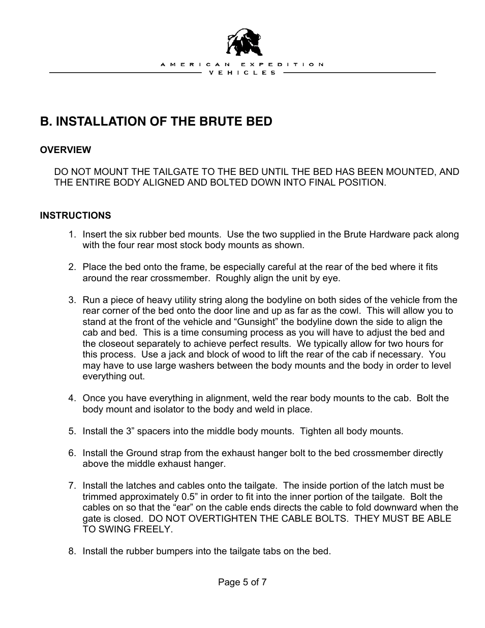 B. installation of the brute bed | American Expedition Vehicles Brute Bed User Manual | Page 5 / 7