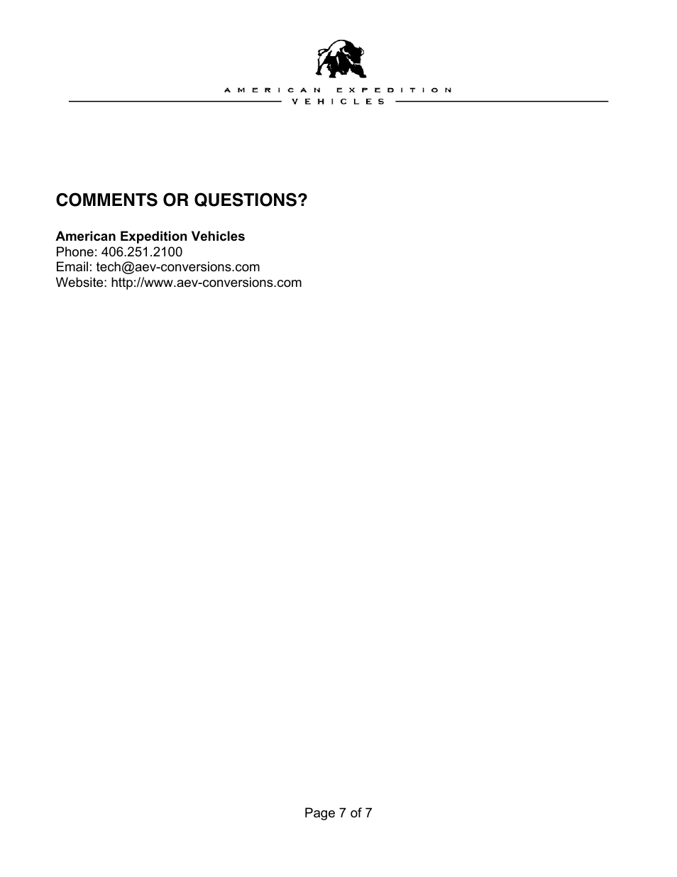 Comments or questions | American Expedition Vehicles Brute Bed User Manual | Page 7 / 7