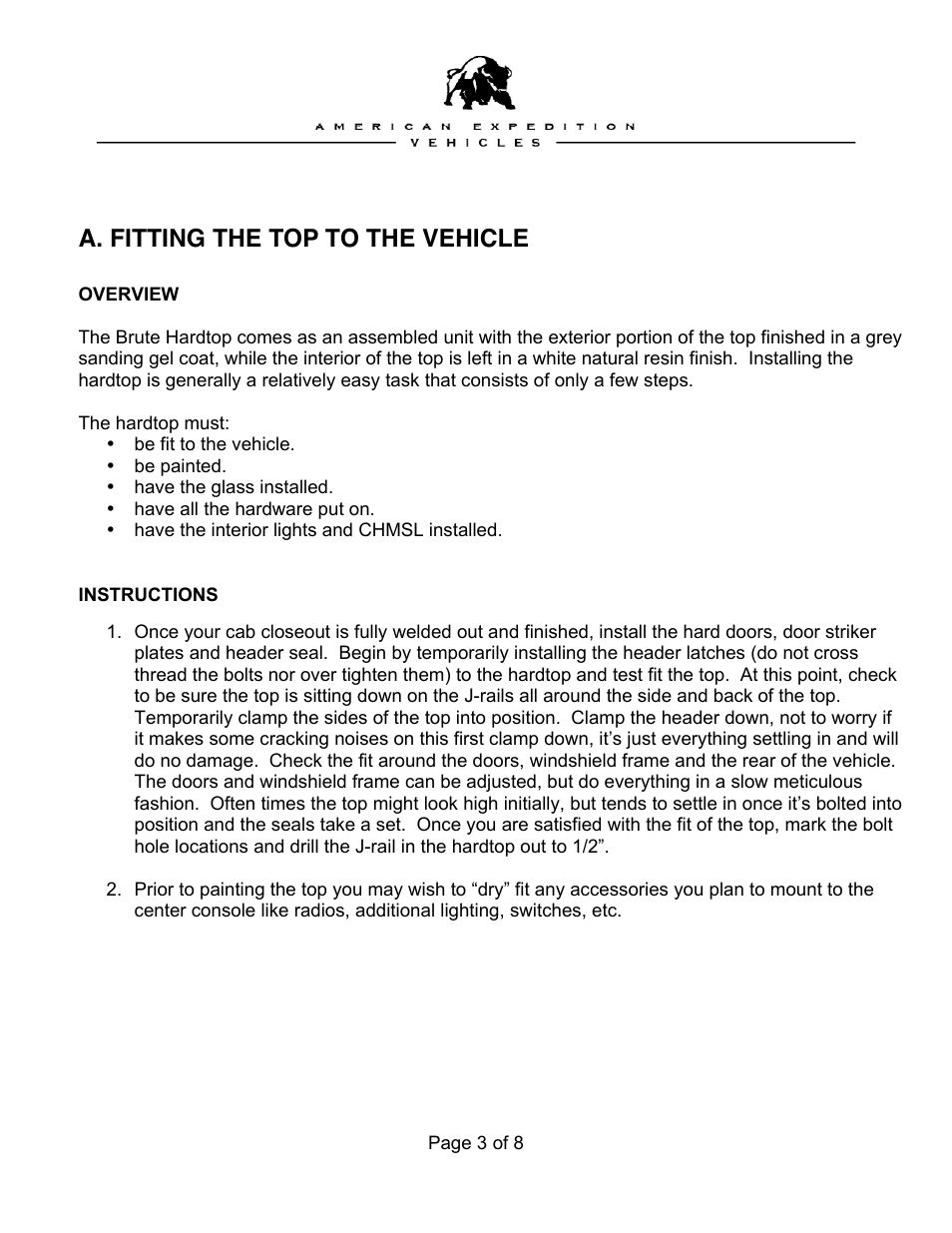 A. fitting the top to the vehicle | American Expedition Vehicles Brute Hardtop User Manual | Page 3 / 8