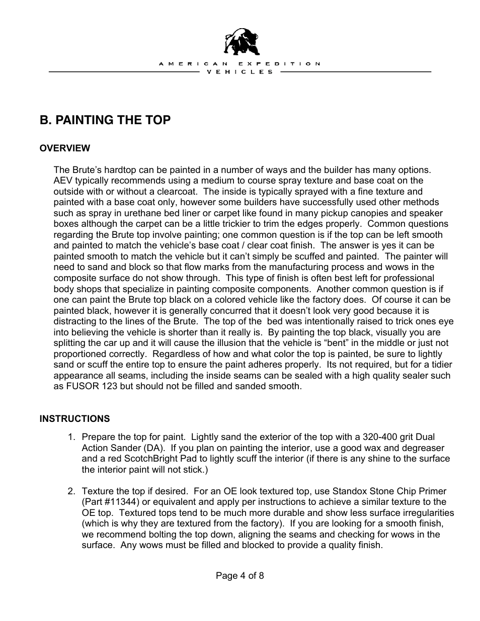 B. painting the top | American Expedition Vehicles Brute Hardtop User Manual | Page 4 / 8