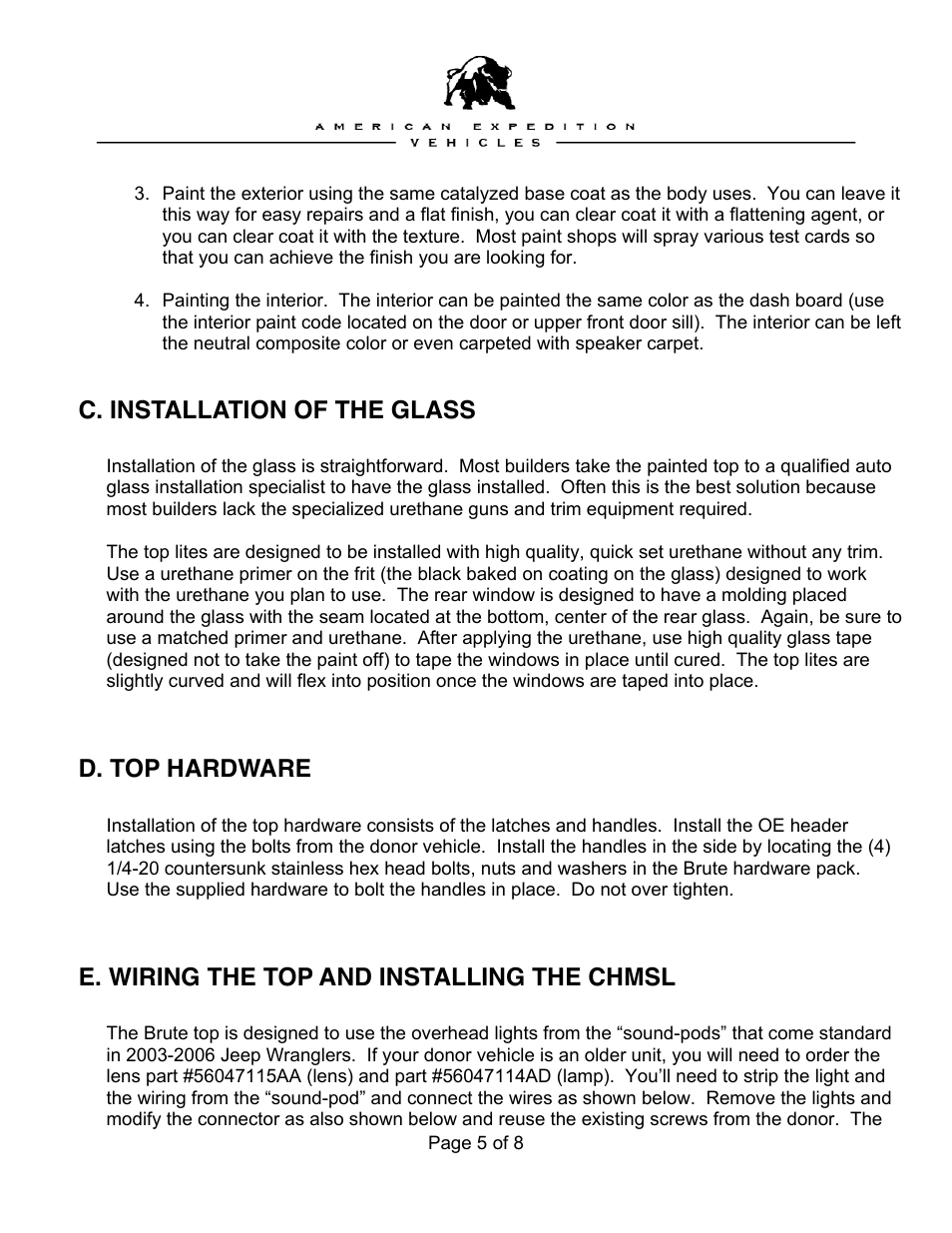 C. installation of the glass, D. top hardware, E. wiring the top and installing the chmsl | American Expedition Vehicles Brute Hardtop User Manual | Page 5 / 8