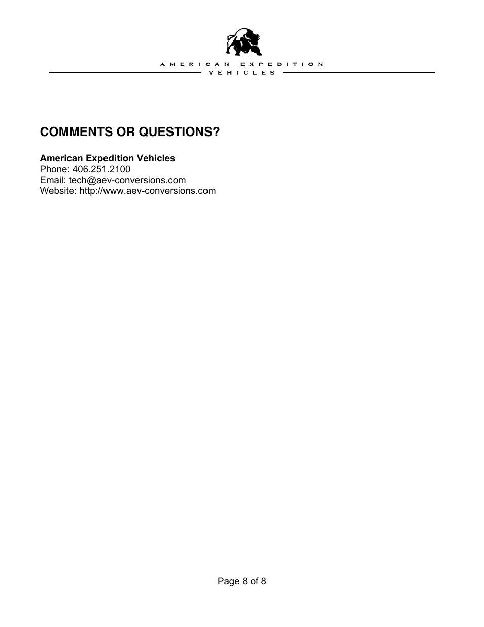 Comments or questions | American Expedition Vehicles Brute Hardtop User Manual | Page 8 / 8