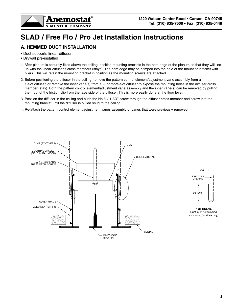 A. hemmed duct installation | Anemostat Pro Jet User Manual | Page 3 / 7