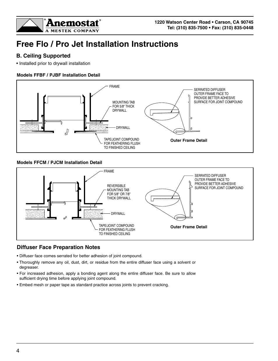 Free flo / pro jet installation instructions, B. ceiling supported | Anemostat Pro Jet User Manual | Page 4 / 7