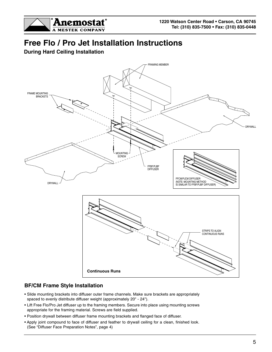 Free flo / pro jet installation instructions, During hard ceiling installation 5, Bf/cm frame style installation | Anemostat Pro Jet User Manual | Page 5 / 7