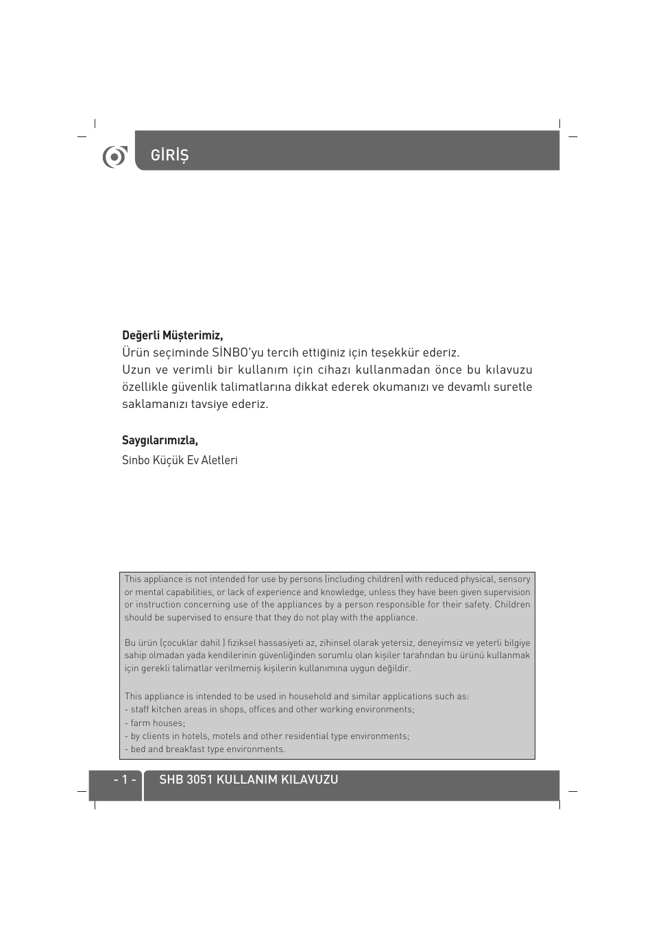G‹r‹fi | SINBO SHB-3051 User Manual | Page 2 / 52