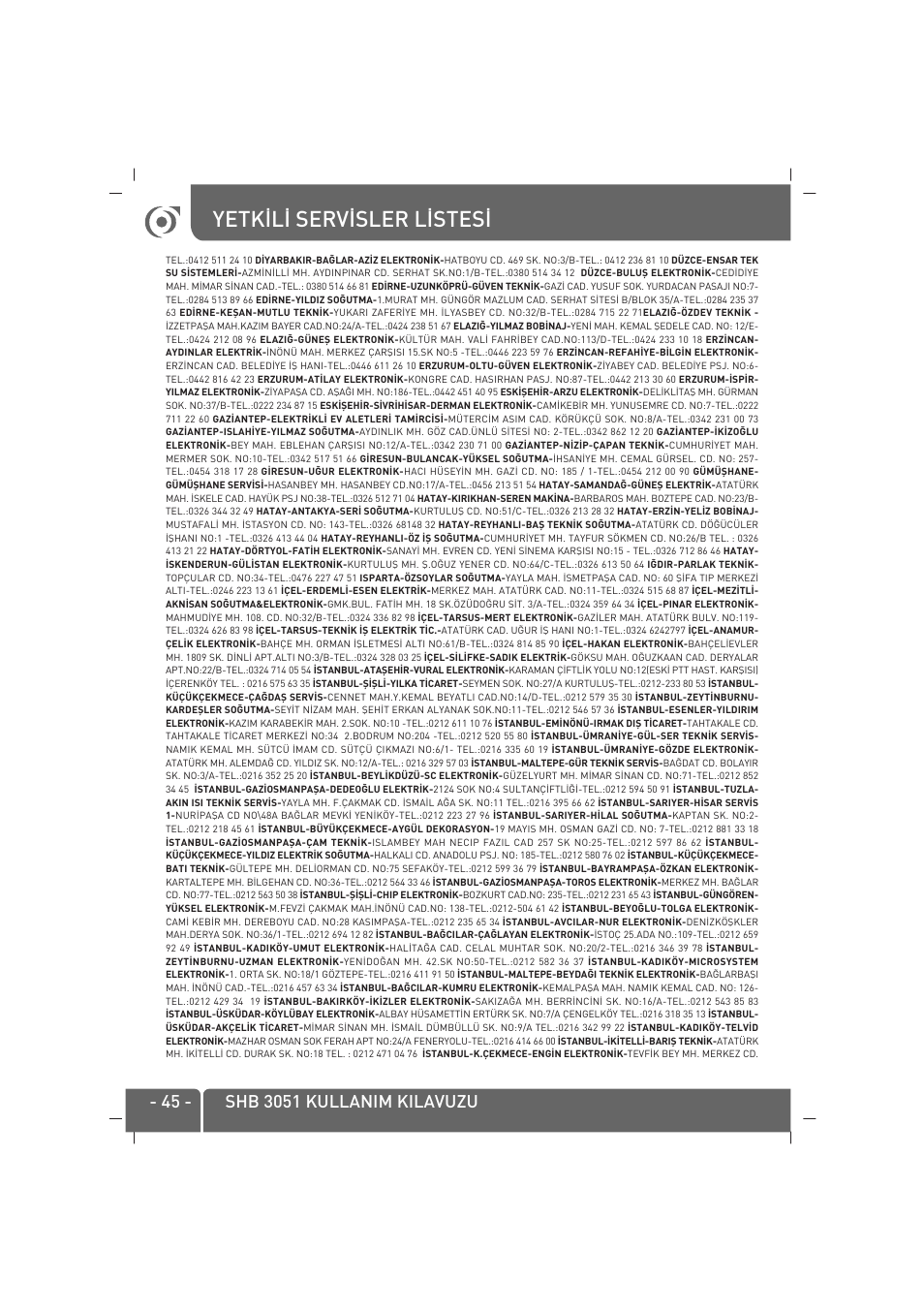 Yetk‹l‹ serv‹sler l‹stes | SINBO SHB-3051 User Manual | Page 46 / 52