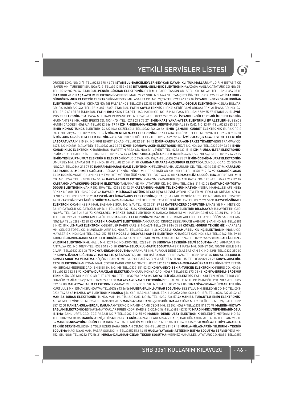 Yetk‹l‹ serv‹sler l‹stes | SINBO SHB-3051 User Manual | Page 47 / 52