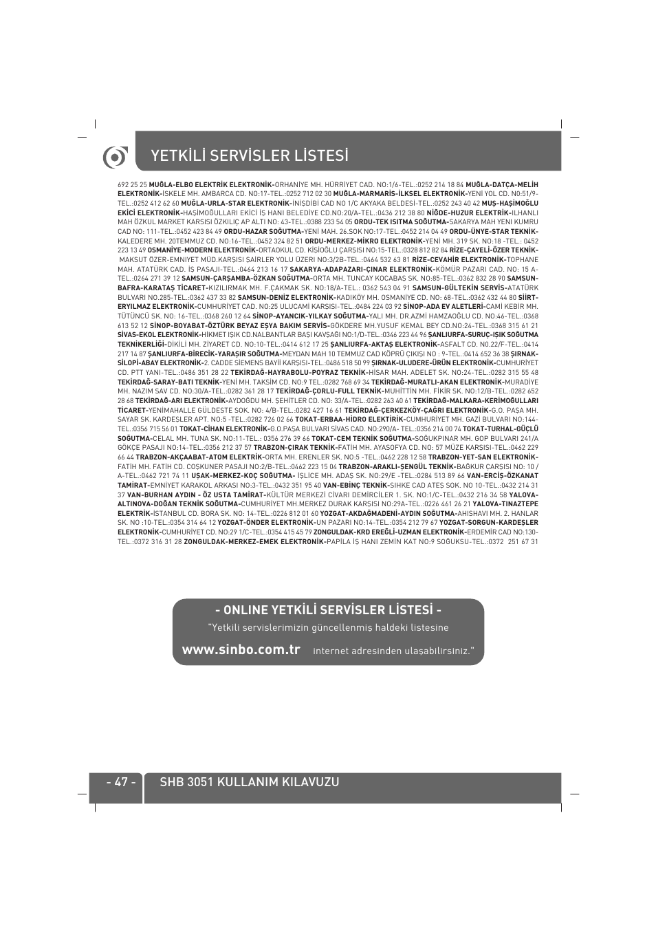 Yetk‹l‹ serv‹sler l‹stes | SINBO SHB-3051 User Manual | Page 48 / 52