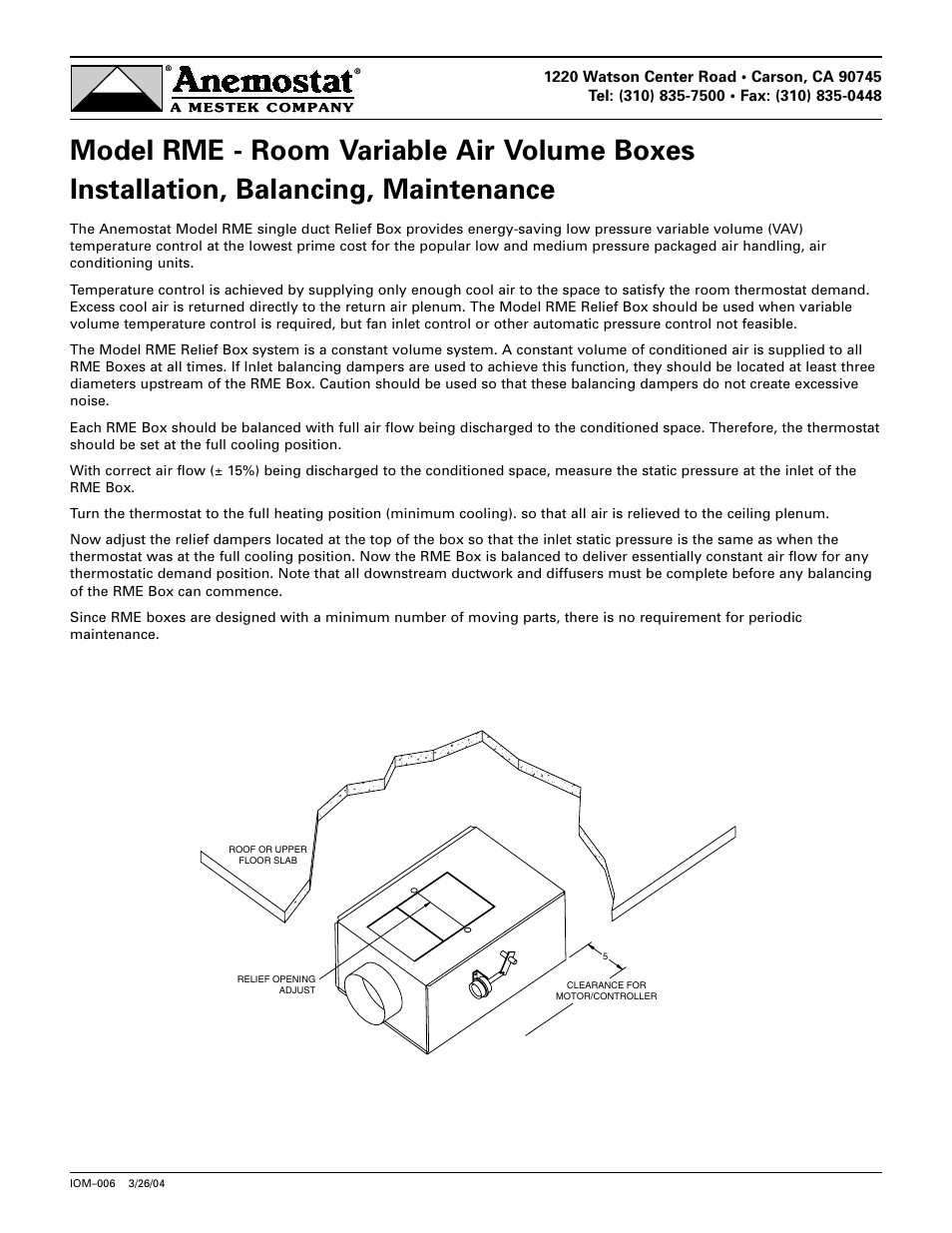 Anemostat RME User Manual | 1 page