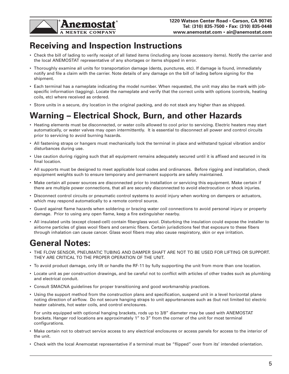 Receiving and inspection instructions | Anemostat RF11 User Manual | Page 5 / 10