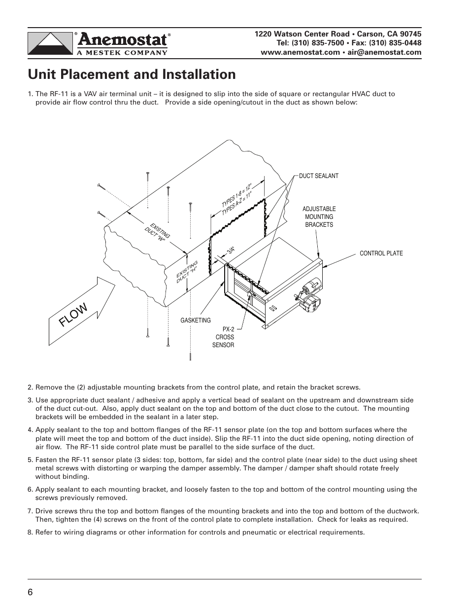 Unit placement and installation, Flo w | Anemostat RF11 User Manual | Page 6 / 10